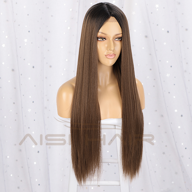 Aisi Hair 26 Inch Long Silky Straight Swiss Lace Wig Wholesale Middle Part Ombre Brown Synthetic Hair Wigs For Black Women