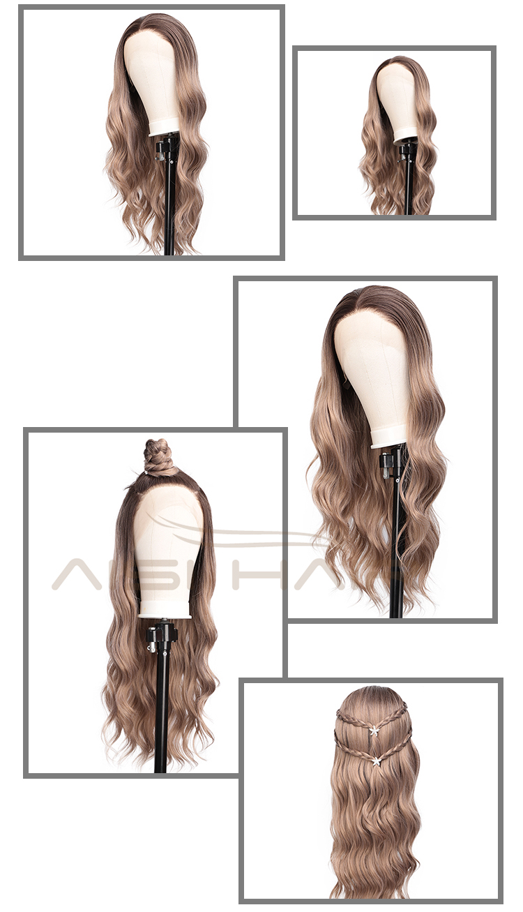 Aisi Hair Cheap Long Wavy Ombre Brown Dark Root Wig Body Wave Lace Front Wig Synthetic Fiber Front Lace Wigs For Black Women