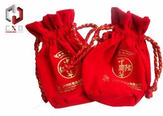 Red Round Velvet Drawstring Bag With Silk Screen Printed Lo