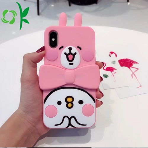 Ροζ Cute Rabbit Silicone Phone Προστατευτικό με κάτοχο