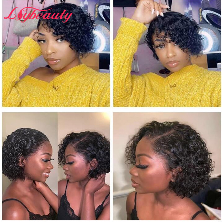 Short Curly Pixie Cut Bob Wigs Brazilian Romance Curly Human Hair Lace Closure Wigs For African American Black Women