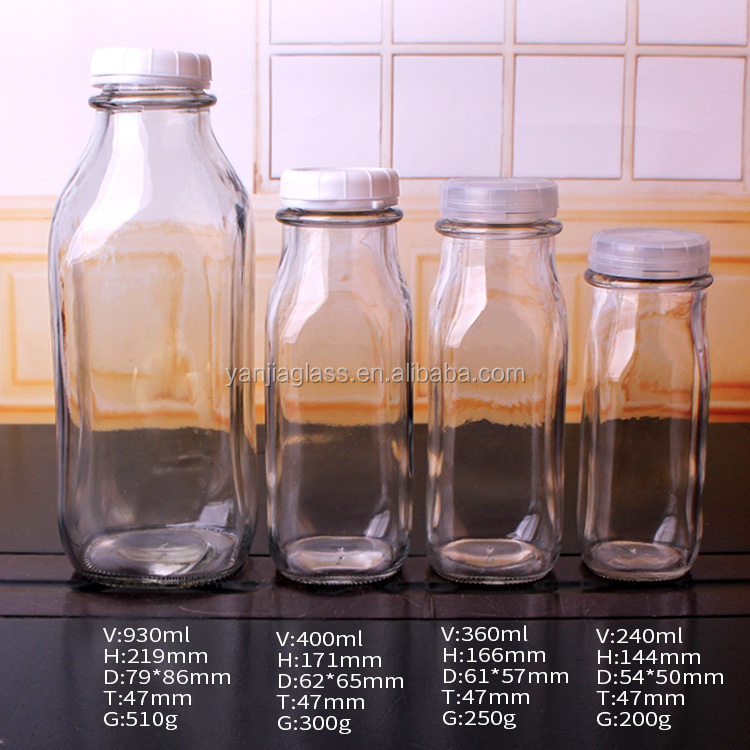 empty 1liter 1000ml clear square glass milk bottles for Storing Milk Juice Water with tamper proof lids