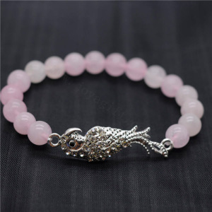 Bracelet de pierres précieuses extensibles avec perles rondes de quartz rose 8MM avec pièce de perroquet en alliage Diamante
