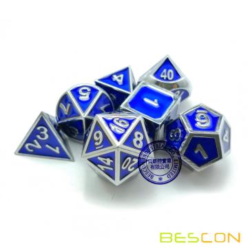 Bescon Deluxe Shiny Chrome and Blue Enamel Solid Metal Polyhedral Role Playing RPG Game Dice Set of 7