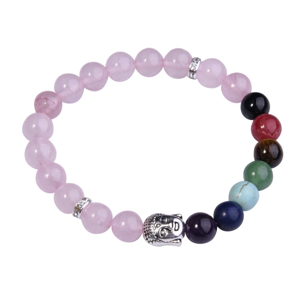 Pulsera de cuarzo rosa azul con 7 piedras preciosas de Chakra, budismo y aleación de Buda.