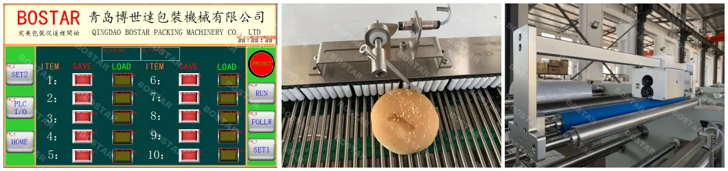 Máquina embaladora automática de pão de hambúrguer com três servomotores de alta qualidade