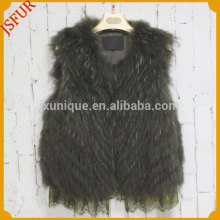 High quality women waistcoat with lace-detailed real raccoon fur vest ladies leather vest in spring