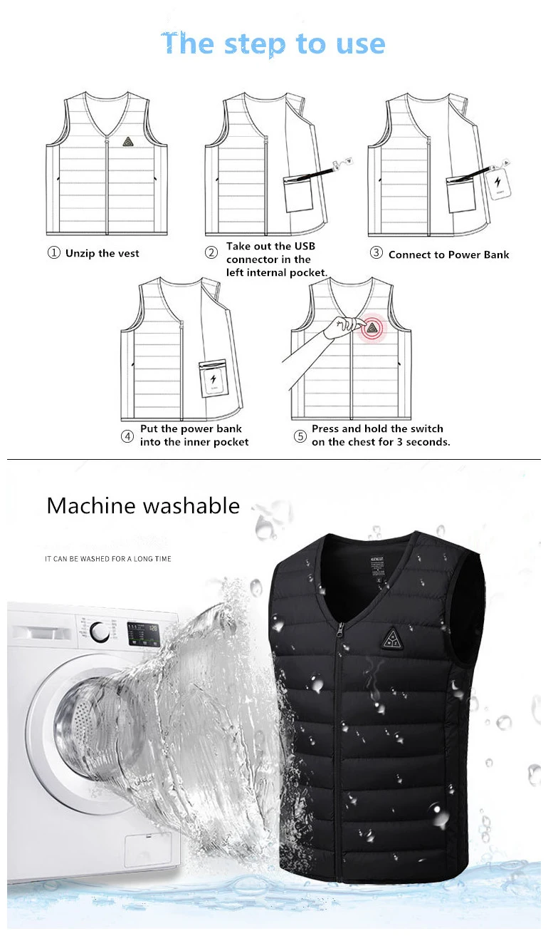 Winter Heated Warm Vest Womens Quick Heating V-Neck Coat Jacket Gilet Zipper Mens Bodywarmer