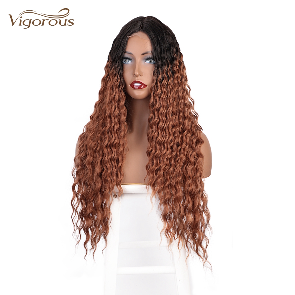 Vigorous High Quality Long Jerry Curl Small Part Lace Natural Hairline Ombre Honey Brown For Black Women Synthetic Hair Wigs