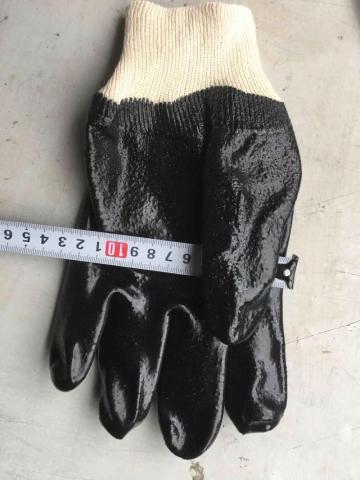 Black PVC sandy finish cotton lining gloves.knit wrist