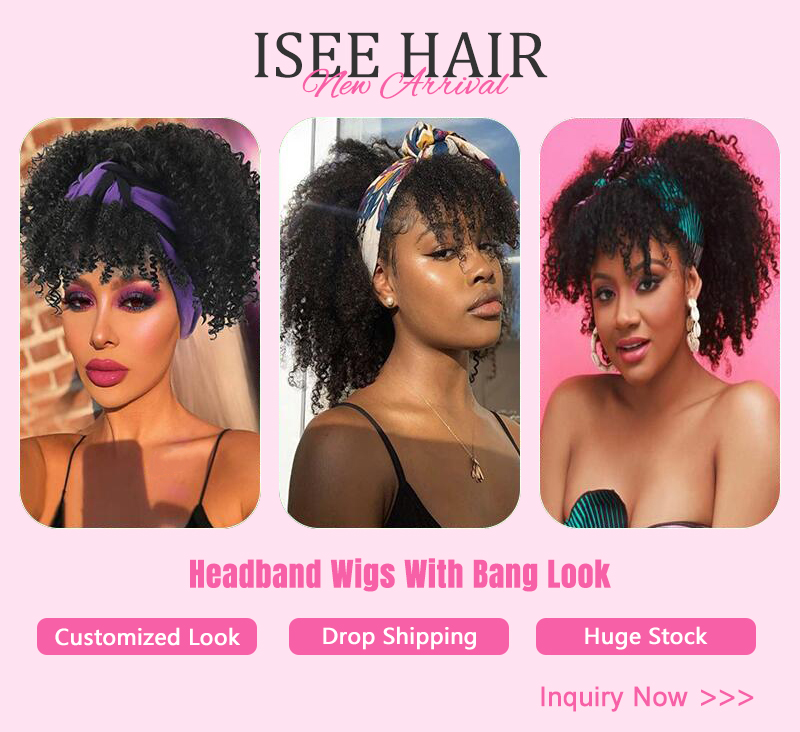 ISEE Hot Selling Short Afro Virgin Hair Half Puff Wrap Wig, Pineapple Human Hair Drawstring Wrap Scarf Headband Wig With Bangs