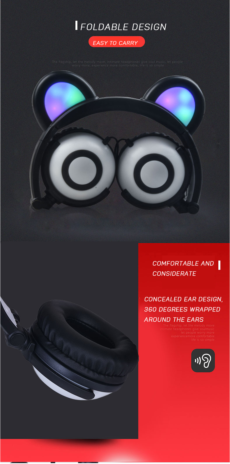 OEM Colorful Glowing LED Panda Ear Headphones