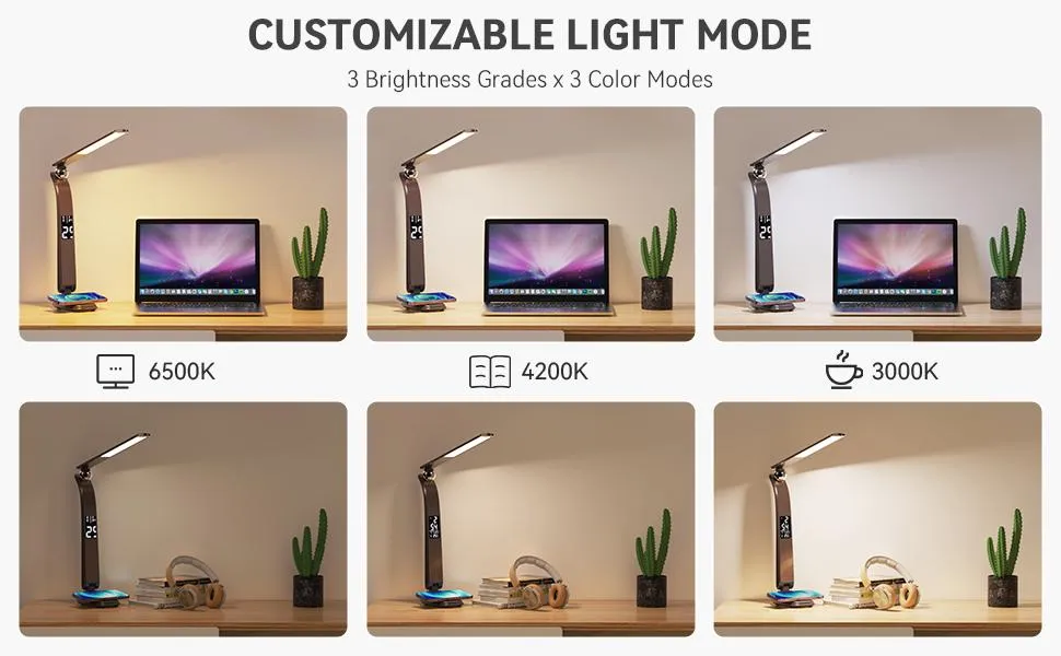 Foldable Digital Alarm Clock with Wireless Charging Desk Lamp Calendar