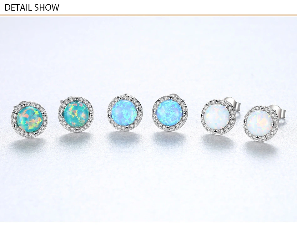 Round Treasure Blue Opal Gemstone CZ S925 Silver Stud Earrings