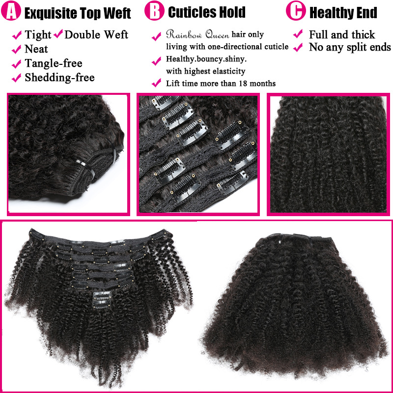 Factory Directly Wholesale Afro Kinky Curly Clip In Human Hair Brazilian Afro Clip ins 7pcs 8pcs Per Set