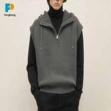 Men Ribbed Knit Sleeveless Half-Zip Hooded Vest