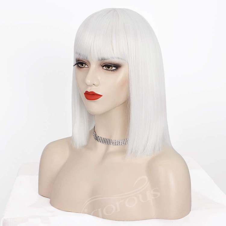 White Synthetic none Lace Front Wig Women's Short Straight Bob Wigs With Neat Tidy Bangs High Temperature Fiber Middle Part