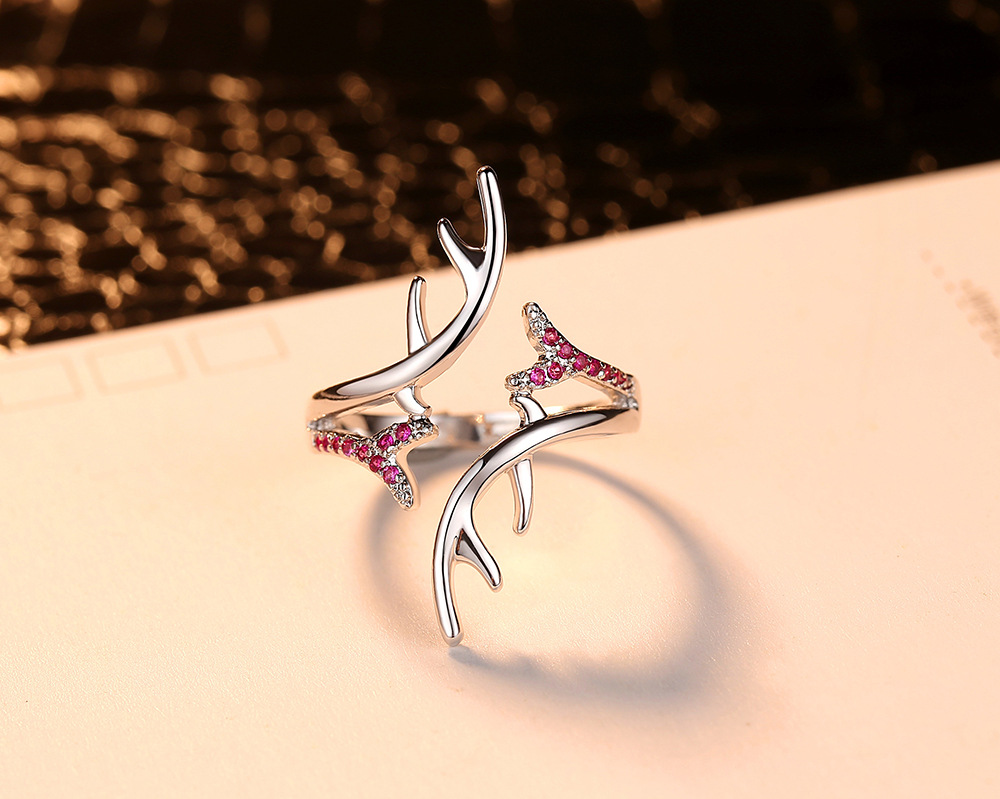 Hot selling minimalist jewelry antlers opening ring claw setting zircon couple ring can be adjusted