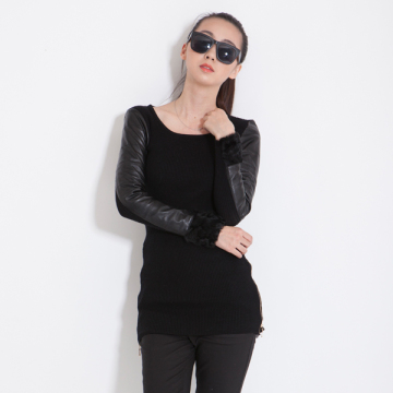 girls sweater black new design fashion with pu sleeve