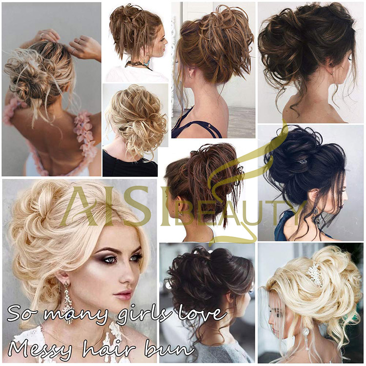Aisi Beauty New Design Wholesale Multi Color Synthetic Curly Messy Donut Chignon Bun Elastic Rope Rubber Band Hair Extension
