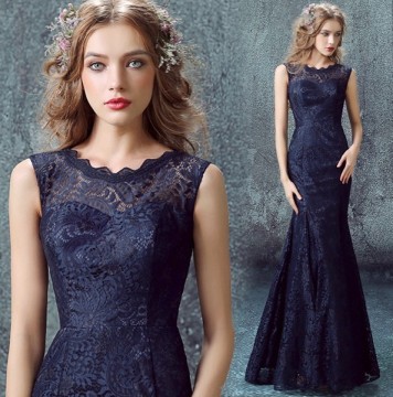 sexy backless navy blue lace long model party evening dress