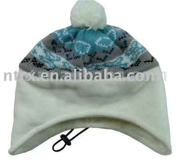 knitted hat with pom and emb