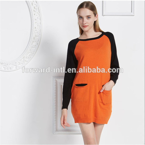 latest fashion pure cashmere garment sweater dress with splice pattern for lady / girls