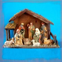 nativity set with wooden stable