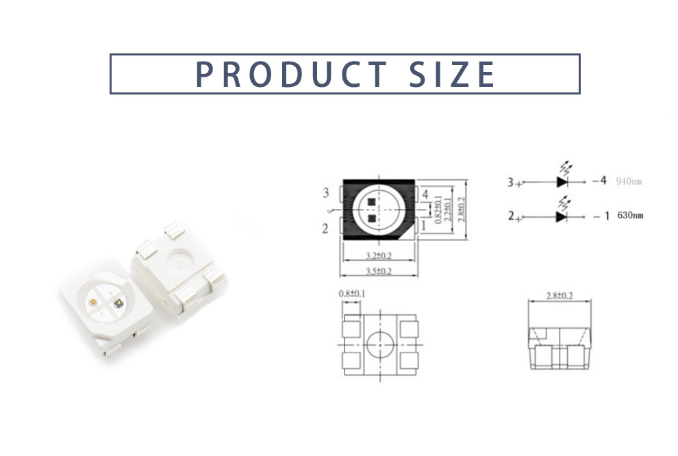 Size of 3528FR63IR94C 3528 PLCC4 940nm + 630nm Bi-color IR LED SMT 3528 SMD LED Bi-color LED