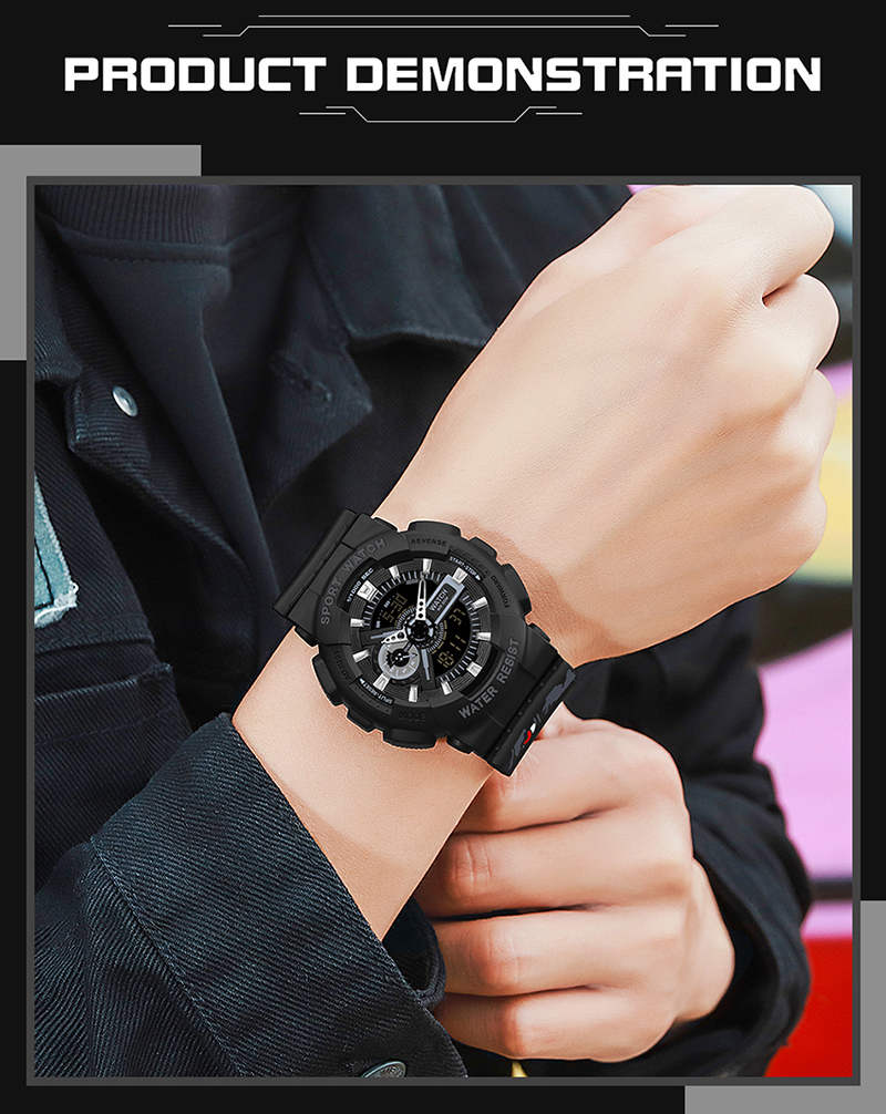 Sanda 3105 Newest Men Dual Display Watches Alarm LED Digital Waterproof Electronic Shock Watch