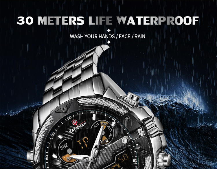 Kademan 9076 Dual Display Man Watch Steel Waterp Proof Chrono Sport Analog Watches Digital Men