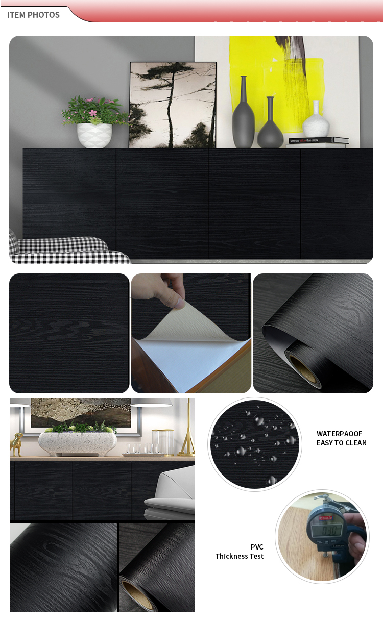 Black color 1220mm dinner table self adhesive wood grain vinyl wrap film for kitchen cupboard