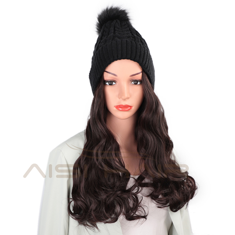 Aisi Hair Dark Brown Synthetic Long Wavy Cosplay Party Knit Slouchy Hat Fiber Hair Extension With Cap For Black White Women