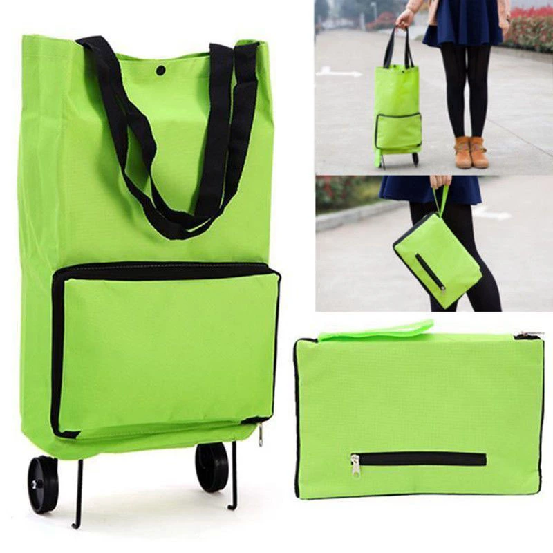 Provides Inventory Portable Oxford Foldable Shopping Trolley Bags Green Folding Grocery Trolley Bag