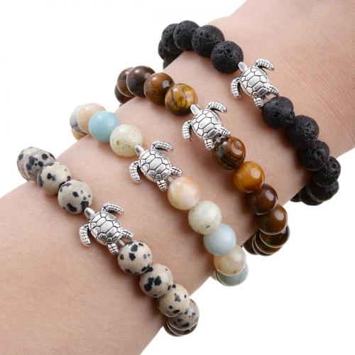 8MM Gemstone Round Beads with Silver Plated Turtle Charm Bracelet