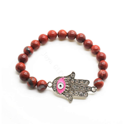 Red Jasper 8MM Round Beads Stretch Gemstone Bracelet with Diamante Evil eye Piece