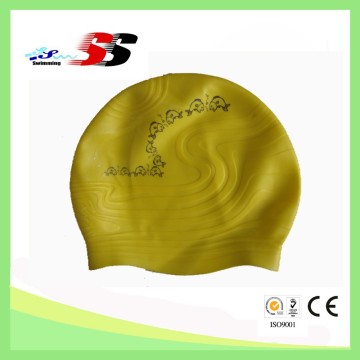 yellow embossed silicone swim cap, hot sale silicone swim cap for lady and men