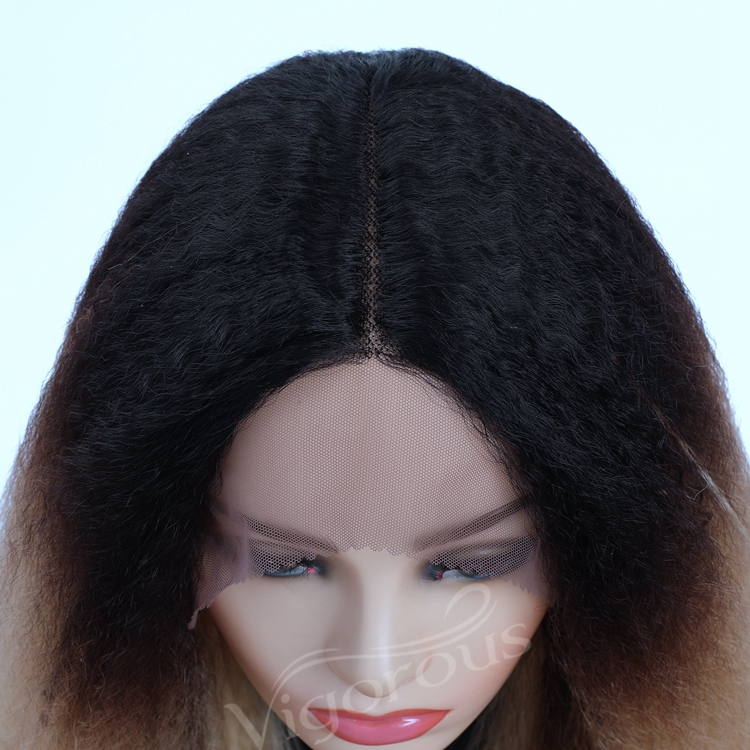 Vigorous yaki wholesale high quality raw material ombre dropshipping afro kinky curly synthetic lace frontal wig for women