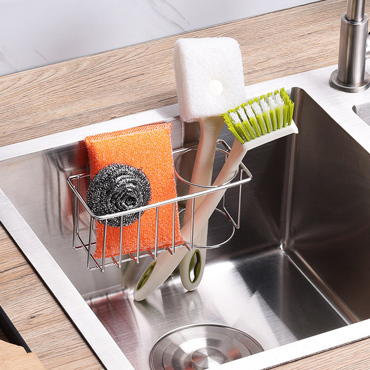 Kitchen Polished Stainless Steel Sink Suction Organizer Basket Sink Caddy Sponge Holder Soap Brush Holder