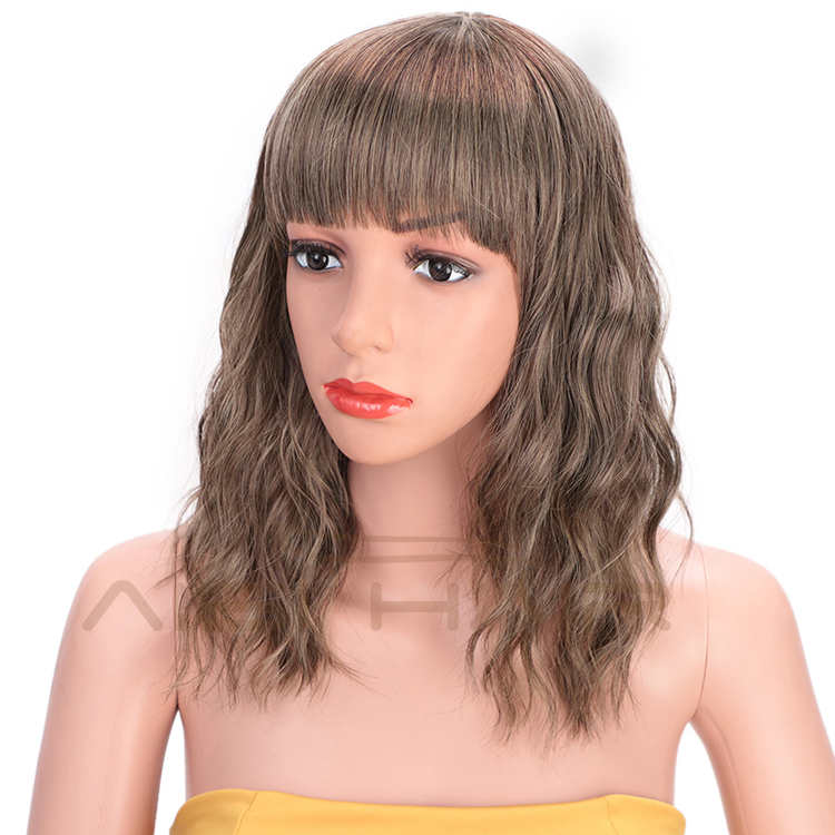 Aisi Hair Wholesale Cheap Synthetic Short Curly Wave Brown Bob Wigs With Neat Bangs Hair Wigs For Black White Women