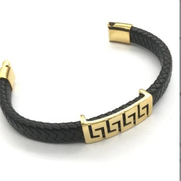 Yiwu Aceon Velle Stainless Steel Men's Gold Magnetic Clasp Rectangle Braid Leather Strap Bangle