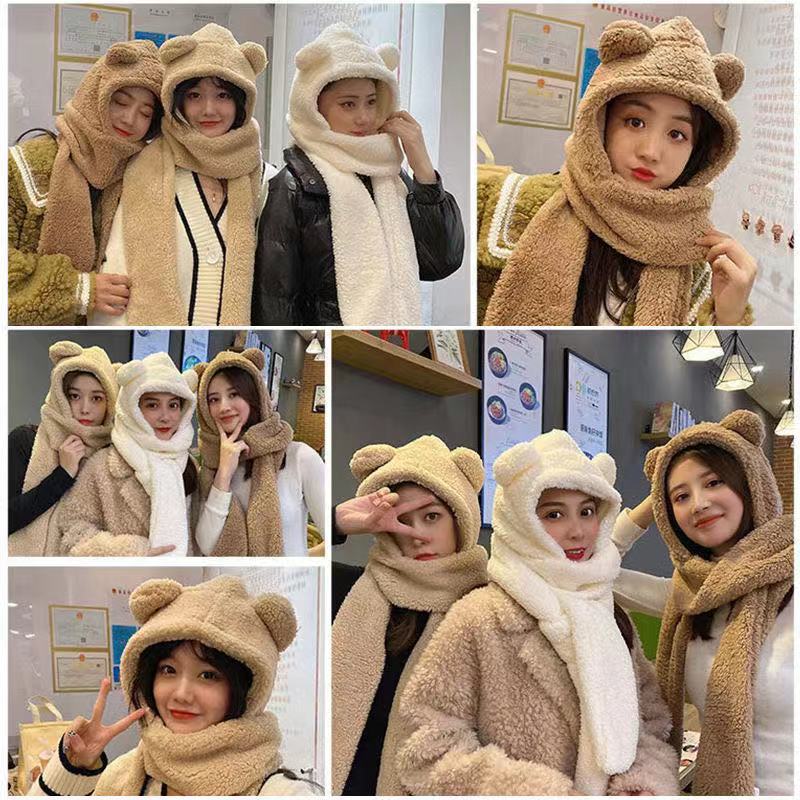 Bear Hat Winter All-matching Korean Cute Plush Scarf One-piece Hat Three-piece Suit