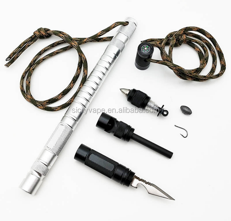 Wholesale Amazon hot selling multi tool Camping survival Army outdoor Tactical Pen with fire start and fishing tool 6 refills