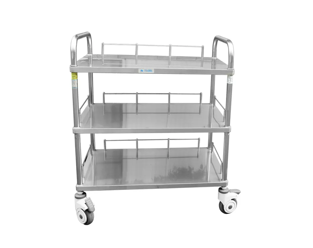 Hospital Stainless Steel Clinic Furniture Medicine Treatment Trolley with Three Shelves