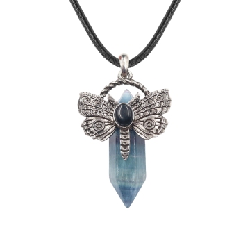 Fluorite Hexagonal Pillar Silver Dragonfly Pendant Necklace 45cm Black Cord