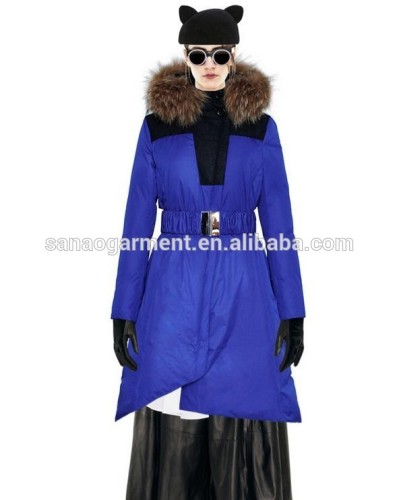 The new 2014 European women's raccoon fur collar color matching waist long down jacket
