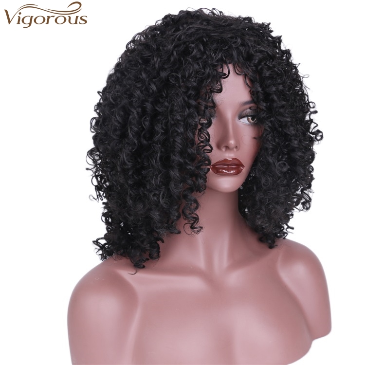 Vigorous Top Quality High Temperature Synthetic Party Wigs Short Kinky Curly Wigs for African American Women Black Wholesale