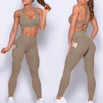 Conjunto de sutiã esportivo e leggings com nervuras para emagrecer