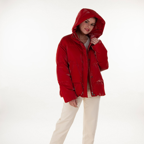 Red hooded normal down jacket