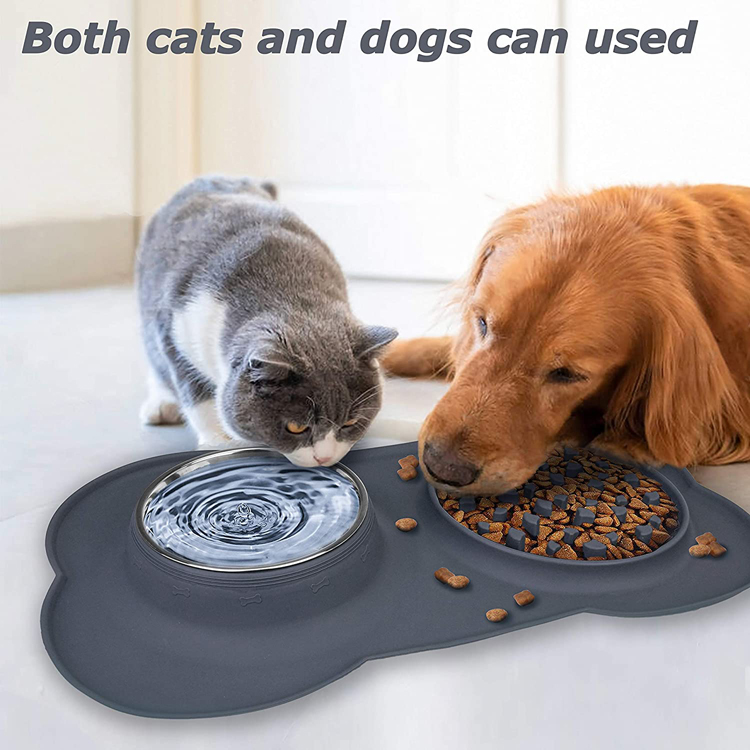 Double Dog Bowls, Pet Stainless Steel Water Bowl,3 in 1 Dog Slow Feeder with Non-Spill Silicone Tray Bone Shape Non-Slip Mat